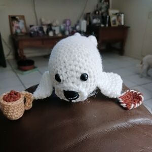 Handmade White Seal Plush with Coffee Cup